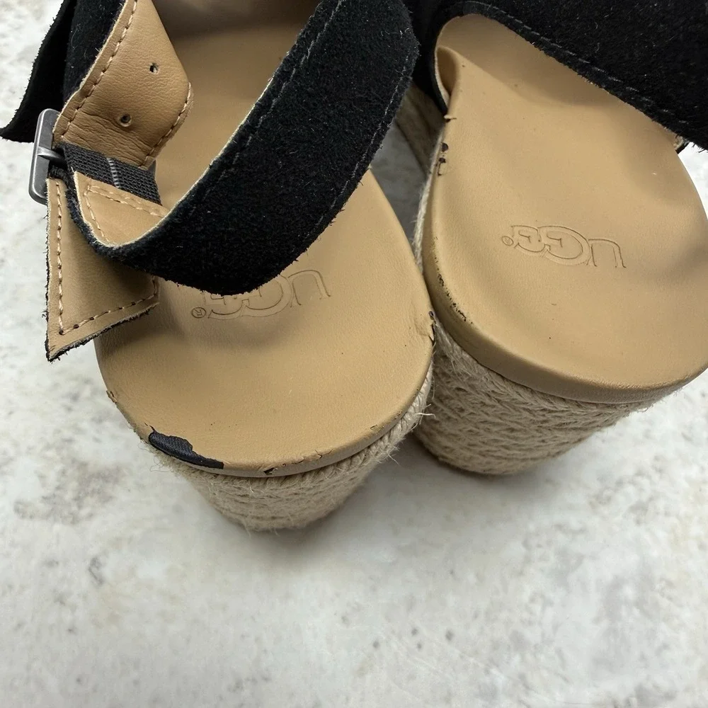 UGG Camilla Women's Size 7 Black Suede Bow Espadrille Wedge Sandals Slingback
